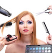 Young woman and hands with eyes shadows, brush, scissors and