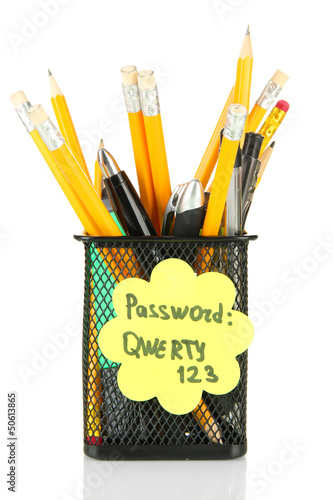 Photo: Password's reminder and office supplies, isolated on white Password's reminder and office supplies, isolated on white
