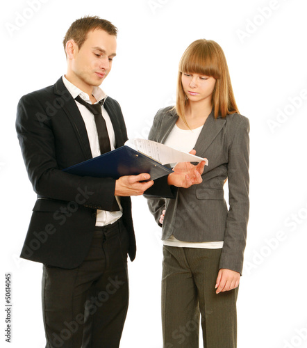 Photo: A portrait of a businesswoman and a businessman with folder A portrait of a businesswoman and a businessman with folder