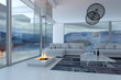 White 3D interior room with fireplace and lake view