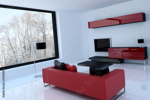 Illustration: Modern white living room with red couch | 3d interior Modern white living room with red couch | 3d interior