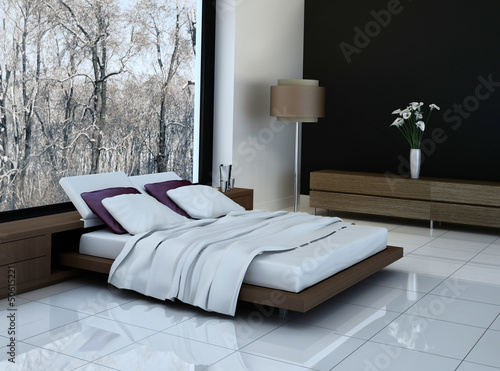 Illustration: Modern Bed Room with wooden bed and white pillows Modern Bed Room with wooden bed and white pillows