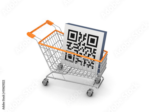 Illustration: Symbol of QR code in a shopping trolley. Symbol of QR code in a shopping trolley.
