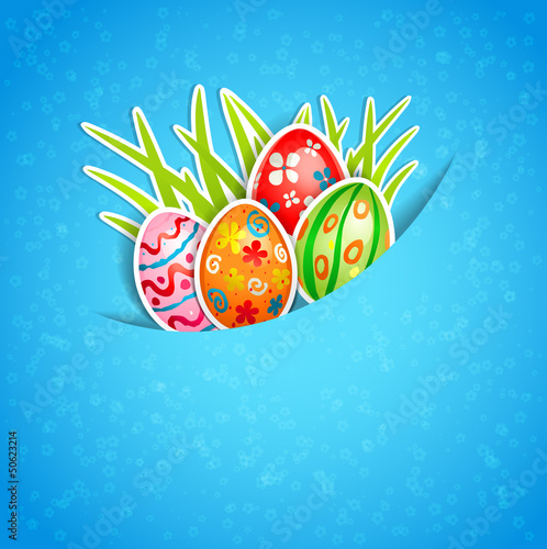 Vector: Easter blue background with egg and grass Easter blue background with egg and grass