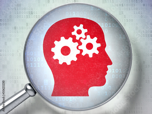 Illustration: Information concept: Head With Gears with optical glass on digi Information concept: Head With Gears with optical glass on digi