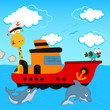 giraffe and  bird in a ship