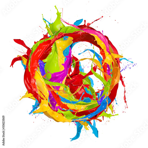  Colored paints splashes circle, isolated on white background