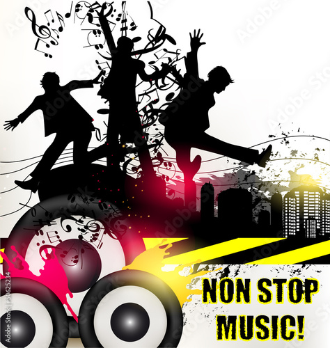 Vector: Grunge music banner for disco with ink spots, happy people silh Grunge music banner for disco with ink spots, happy people silh