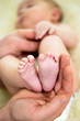 father hand holding small baby's feet