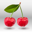 Polygonal red cherry berries with green leaves.