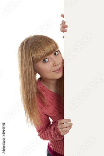 Photo: Woman showing blank signboard Woman showing blank signboard