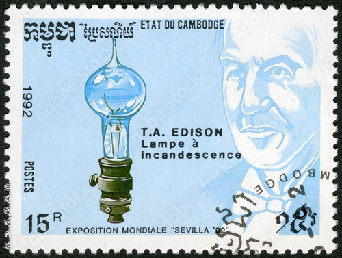 Photo: CAMBODIA - 1992: shows Thomas Edison (1847-1931), electric light CAMBODIA - 1992: shows Thomas Edison (1847-1931), electric light