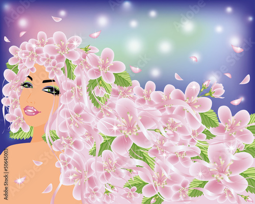 Vector: Spring cherry girl, vector illustration Spring cherry girl, vector illustration