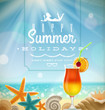 Summer holidays emblem and tropical resort symbols on beach