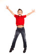 Happy boy jumping with raised hands up