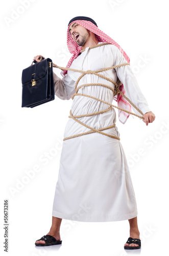 Photo: Arab man tied up with rope on white Arab man tied up with rope on white