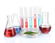Test-tubes and green leaf tested in petri dish, isolated