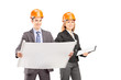Male and female engineers posing