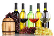 Assortment of wine in glasses and bottles isolated on white