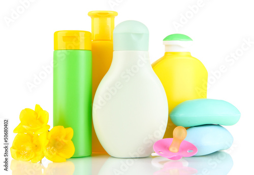 Photo: Baby cosmetics and soap, isolated on white Baby cosmetics and soap, isolated on white