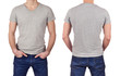 Front and back view of young man wearing blank gray t-shirt