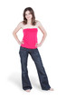 Young barefooted woman in blue jeans and in red blouse Young barefooted woman in blue jeans and in red blouse