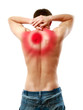 Young man with pain on upper back, isolated on white background