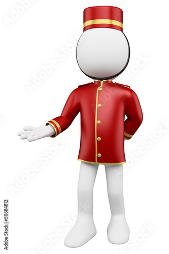 Illustration: 3D white people. Bellboy welcoming 3D white people. Bellboy welcoming
