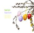easter still life with painted eggs and spring branch
