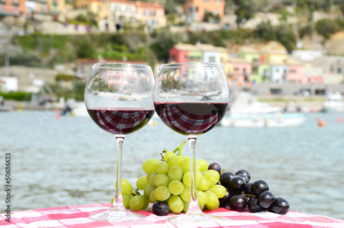 Photo: Pair of wineglasses and grapes against the harbour of Portvenere Pair of wineglasses and grapes against the harbour of Portvenere