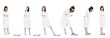 young woman bathroom scale story (white background with shadows)