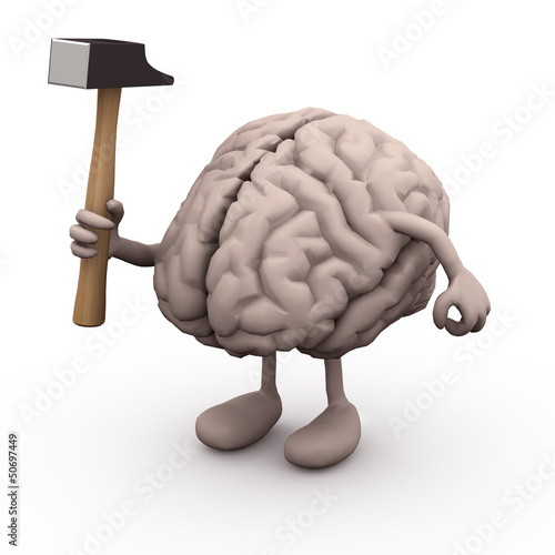 Illustration: human brain with arms and legs and hammer on hand, human brain with arms and legs and hammer on hand,