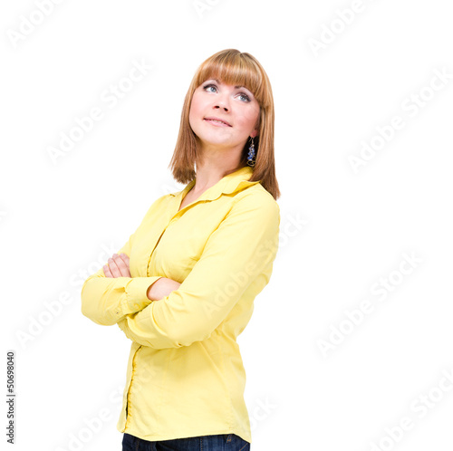 Photo: funny cute smiling woman on white background funny cute smiling woman on white background
