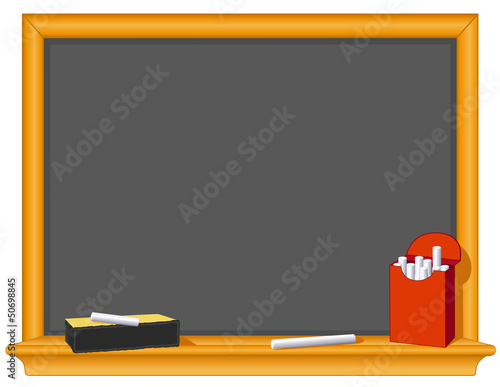 Illustration: Retro blackboard, wood frame, eraser, chalk box, copy space Retro blackboard, wood frame, eraser, chalk box, copy space