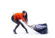 Beautiful woman carrying heavy bag  with some difficulty