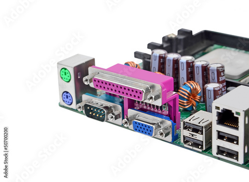 Photo: Connector of computer motherboard board, isolated on white Connector of computer motherboard board, isolated on white