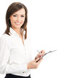 Happy businesswoman writing on clipboard