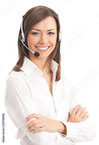 Photo: Support phone operator in headset, isolated on white Support phone operator in headset, isolated on white