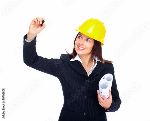 Photo: Engineer woman writing on white backgorund. Engineer woman writing on white backgorund.