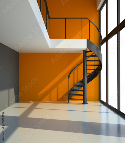 Illustration: Empty room with staircase and orange wall Empty room with staircase and orange wall
