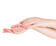 one woman hand massaged other, isolated on white