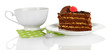 A cup of tea and delicious cake isolated on white