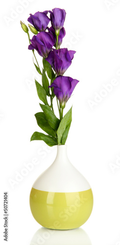 Photo: Bouquet of eustoma flowers in vase isolated on white Bouquet of eustoma flowers in vase isolated on white