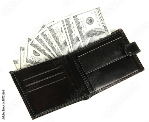 Photo: Wallet with hundred dollar banknotes, isolated on white Wallet with hundred dollar banknotes, isolated on white