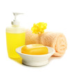 Bottle, soap-dish with soap and towel, isolated on white