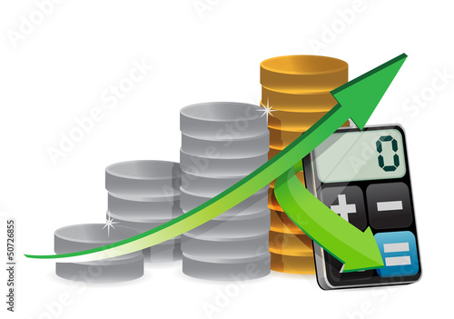 Illustration: coin graph and modern calculator coin graph and modern calculator