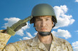 Photo: Portrait of middle-aged soldier in military uniform saluting against cloudy sky Portrait of middle-aged soldier in military uniform saluting against cloudy sky
