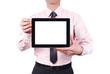 man holding blank digital tablet with copy space and clipping pa