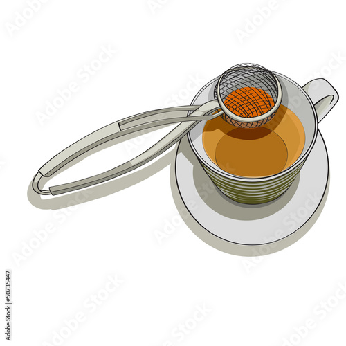 Illustration: strainer and cup of tea strainer and cup of tea