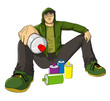 Cartoon illustration of a male figure with spray cans